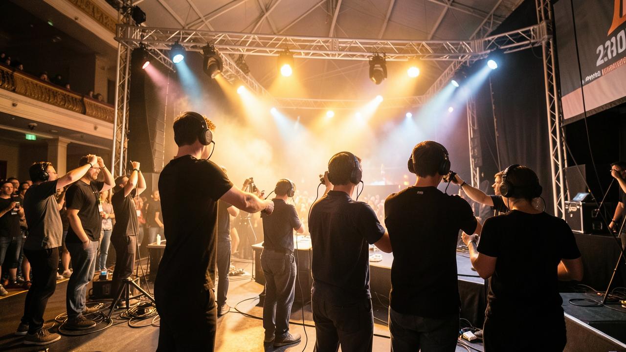 Eventcrew baut Bühnentechnik und Traversen für eine Veranstaltung auf