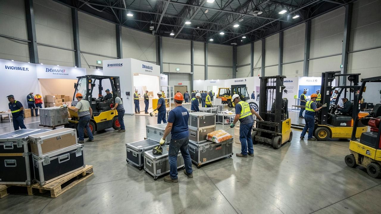 Logistikcrew entlädt Cases und baut Messestände auf